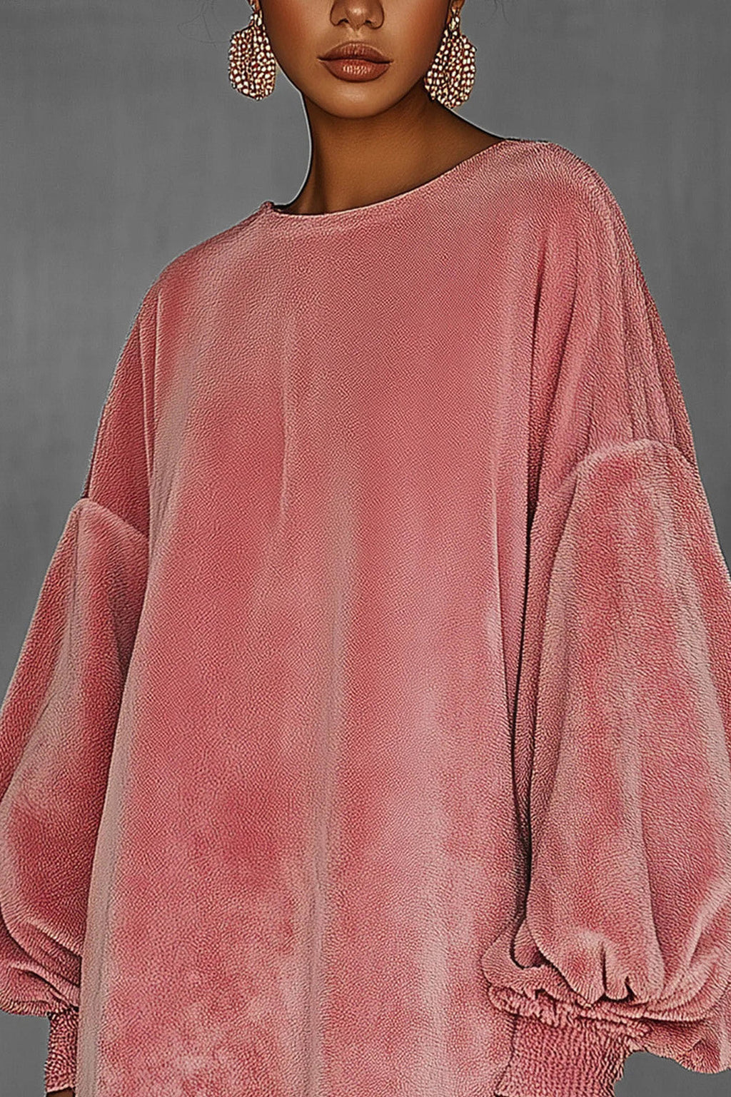 Modern Oversized Pink Fringe Crew Neck Velvet Dress