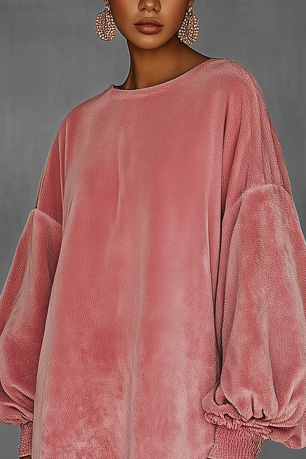 Modern Oversized Pink Fringe Crew Neck Velvet Dress