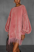 Modern Oversized Pink Fringe Crew Neck Velvet Dress