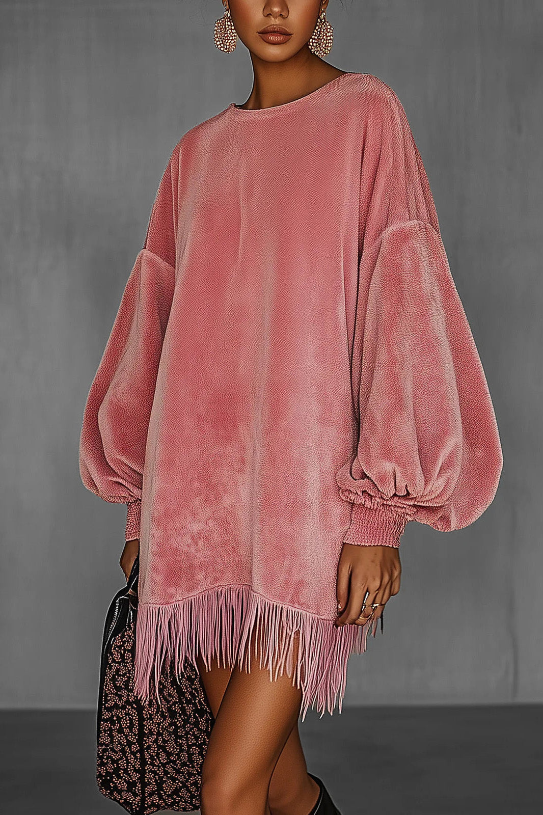 Modern Oversized Pink Fringe Crew Neck Velvet Dress