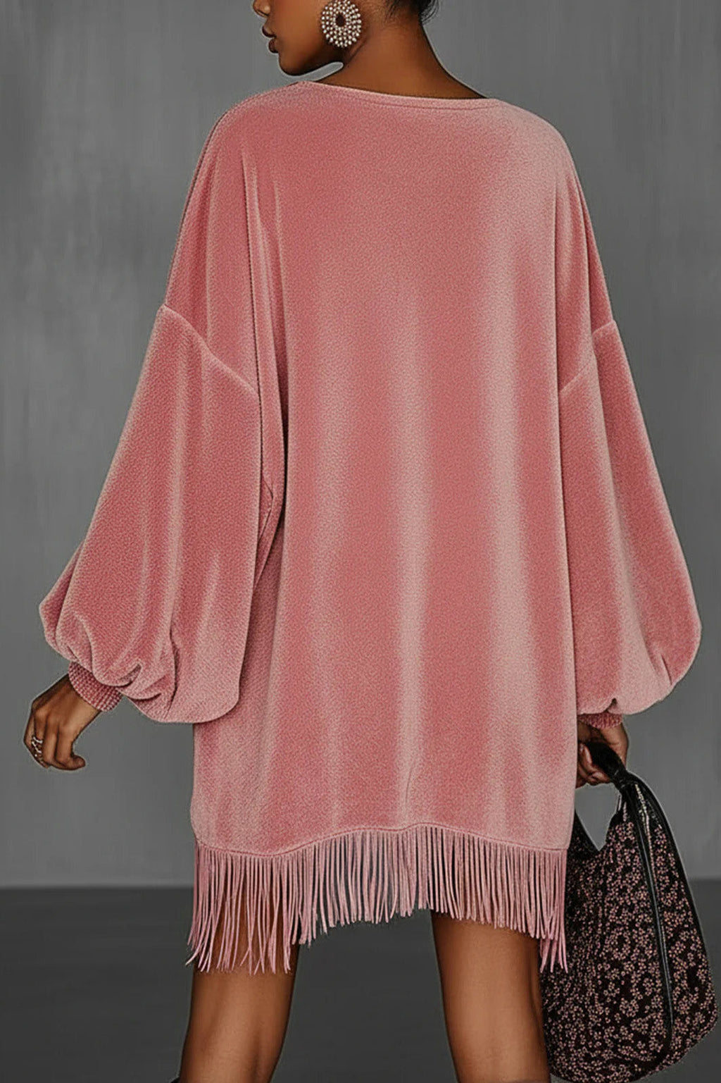 Modern Oversized Pink Fringe Crew Neck Velvet Dress