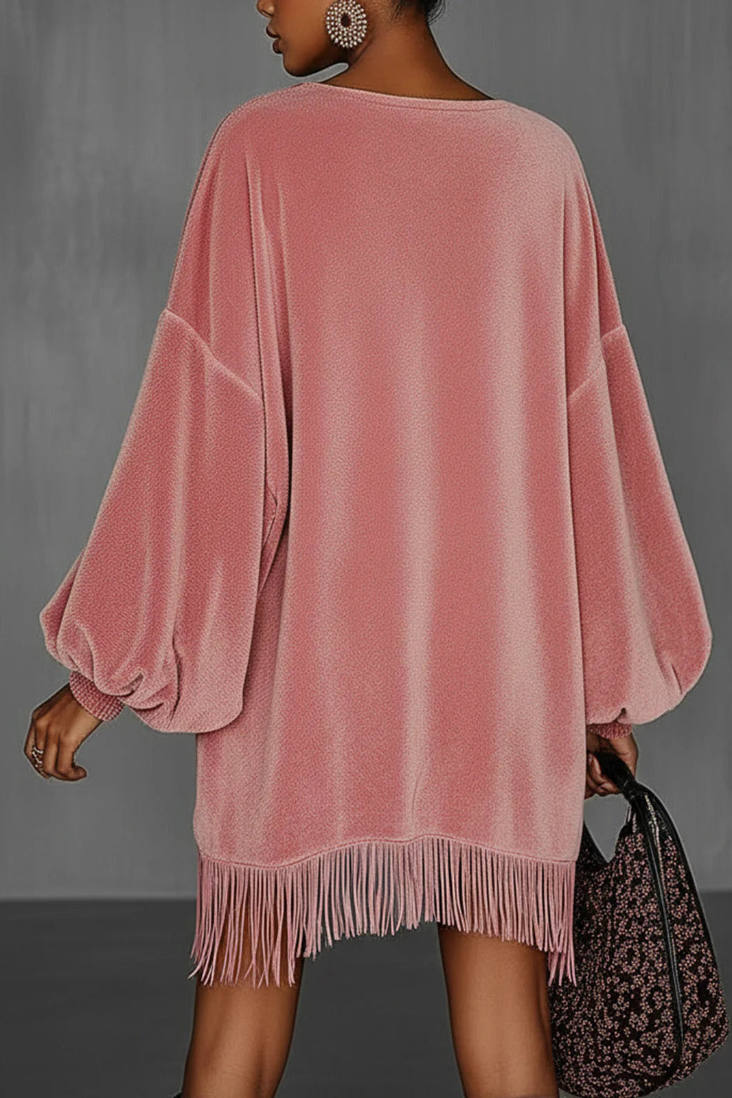 Modern Oversized Pink Fringe Crew Neck Velvet Dress