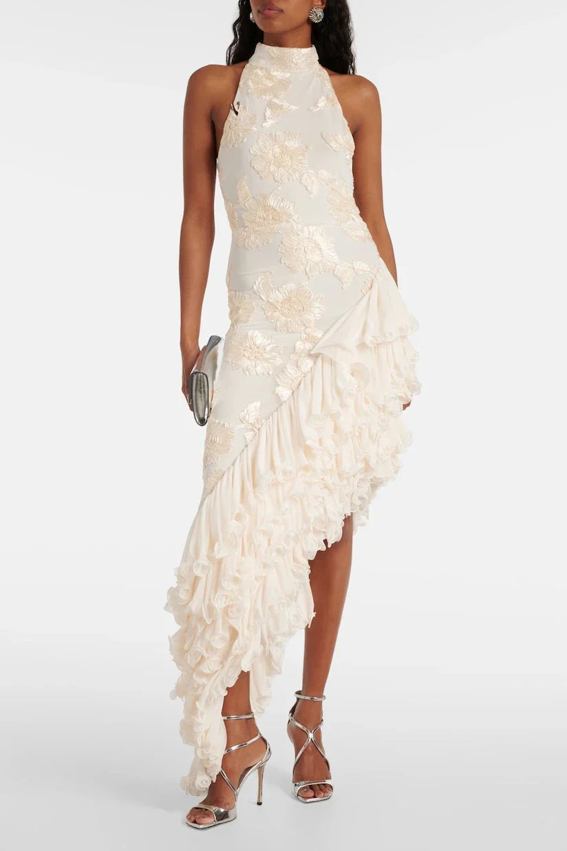 Flower-Applique Maxi-Length Dress