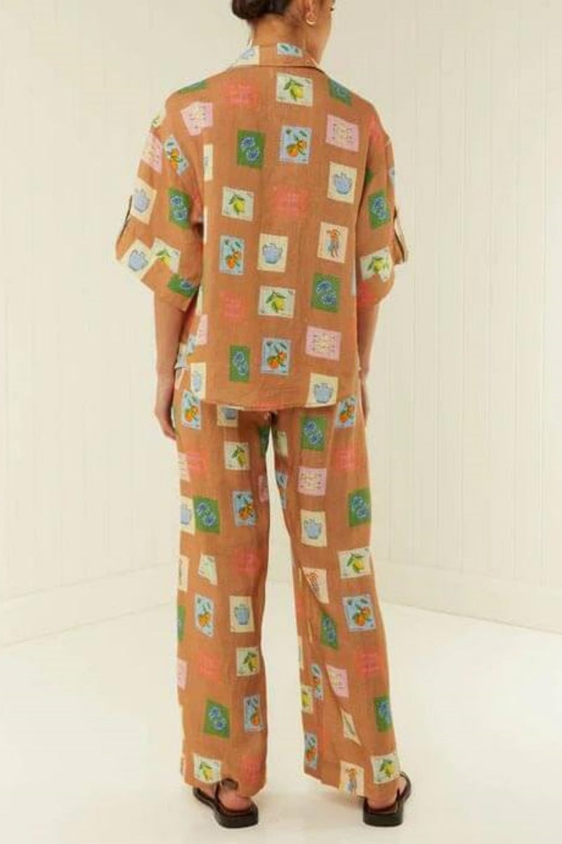 Loose Wide-Leg Trousers With Ethnic Botanical Flower Print-Set