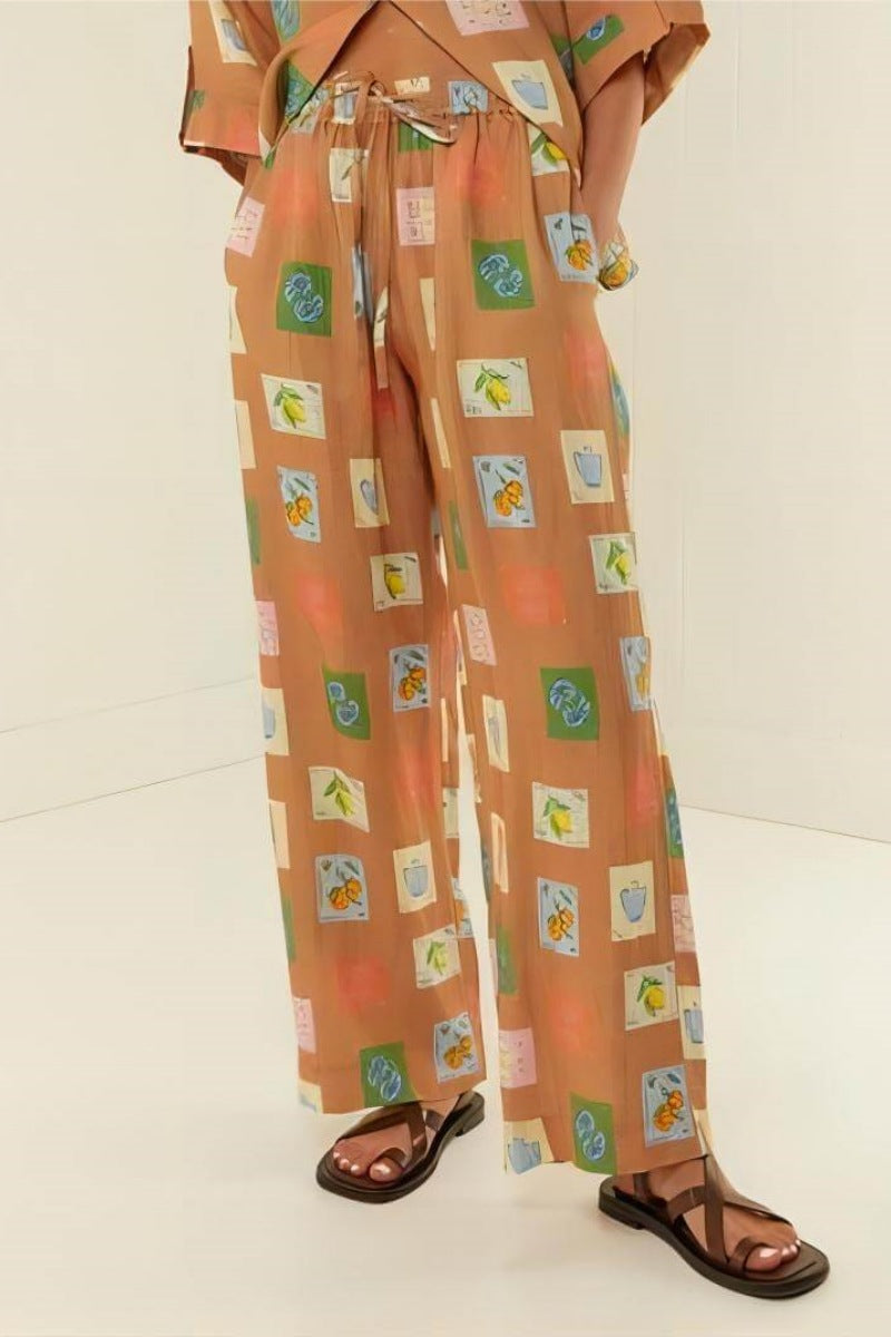 Loose Wide-Leg Trousers With Ethnic Botanical Flower Print-Set