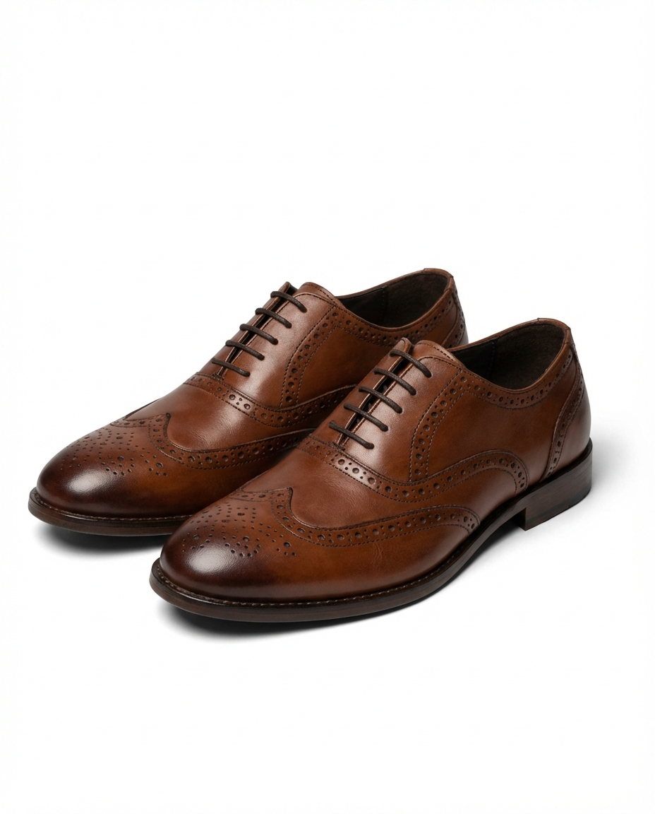 Full-Grain Cowhide Leather Brogue Shoes with Distressed Finish
