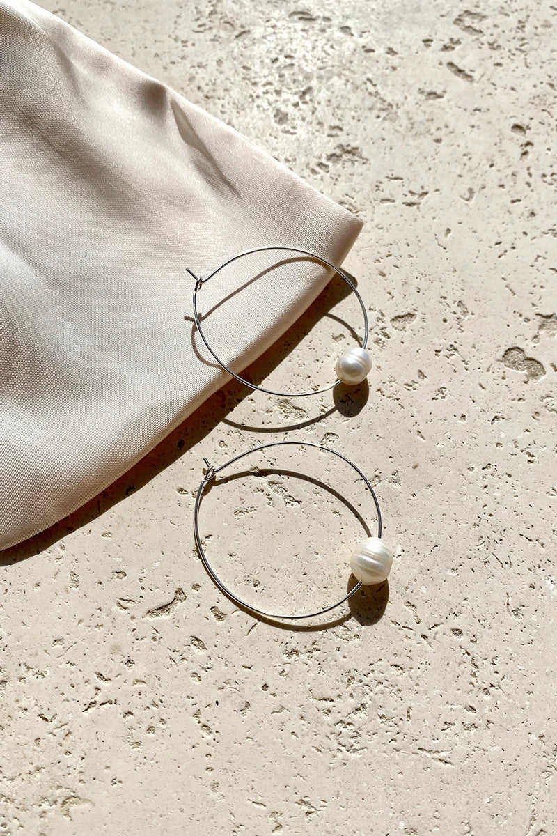 Modern Simple Pearl Fine Wire Hoops - Cream/Silver