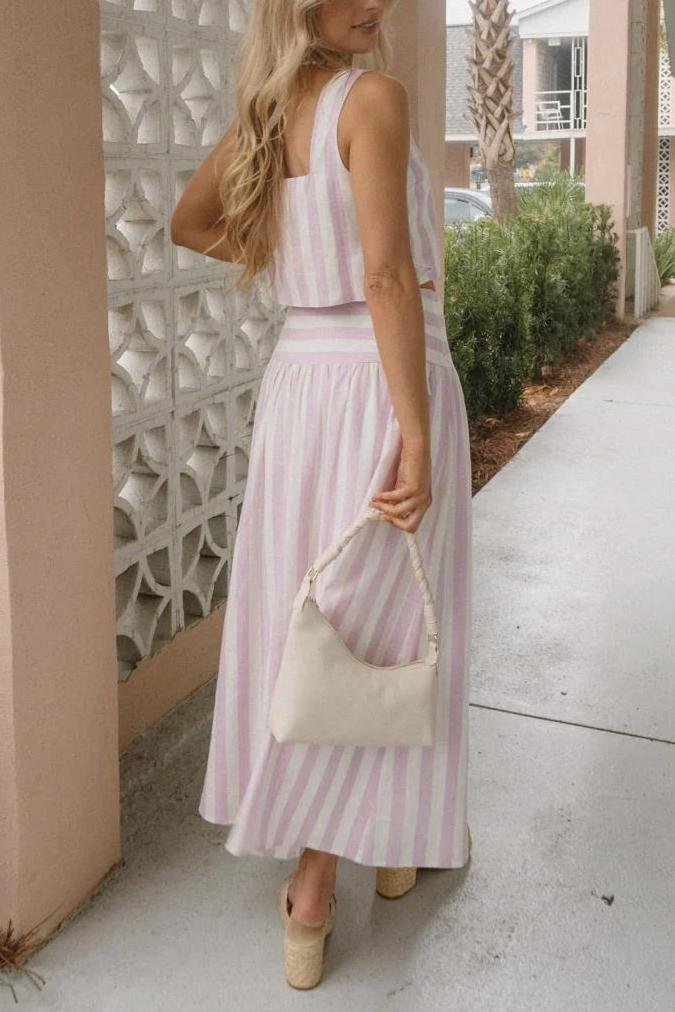Coordinated Pink And White Striped Skirt Set