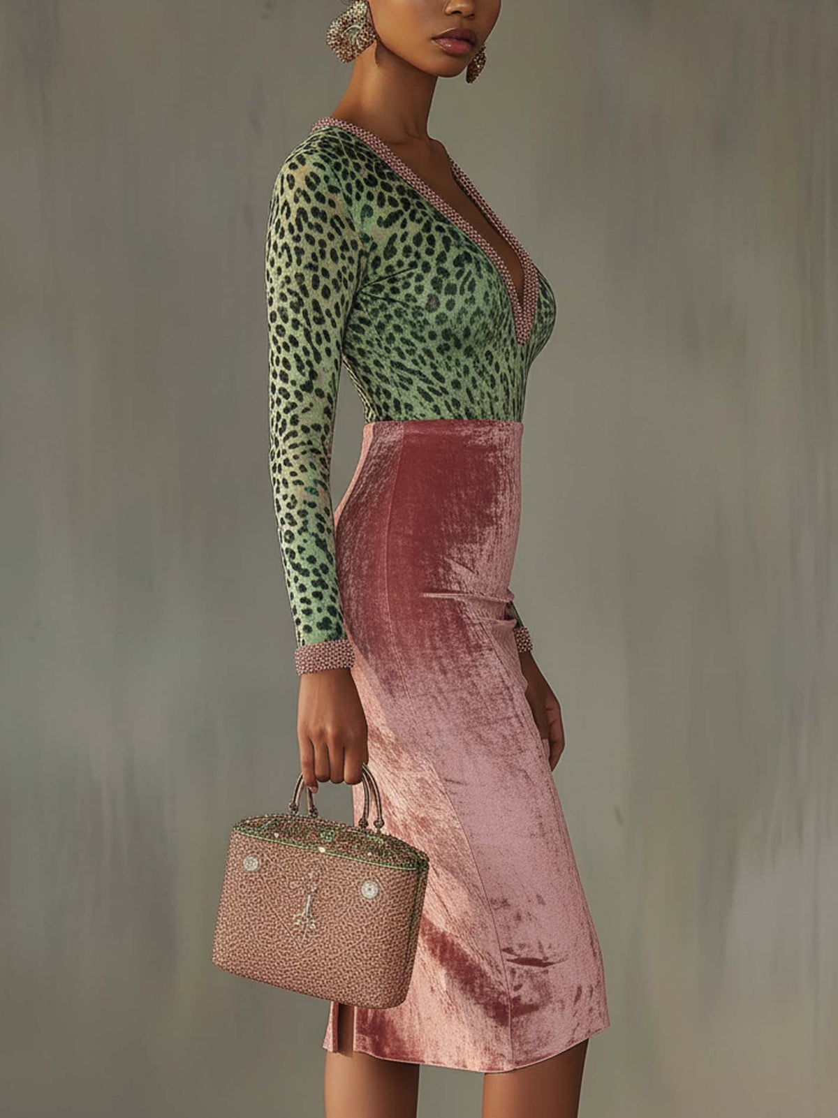 Pink velvet leopard print Midi-Length Dress