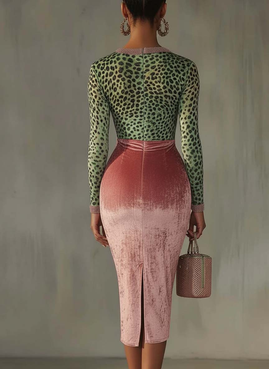 Pink velvet leopard print Midi-Length Dress