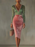 Pink velvet leopard print Midi-Length Dress