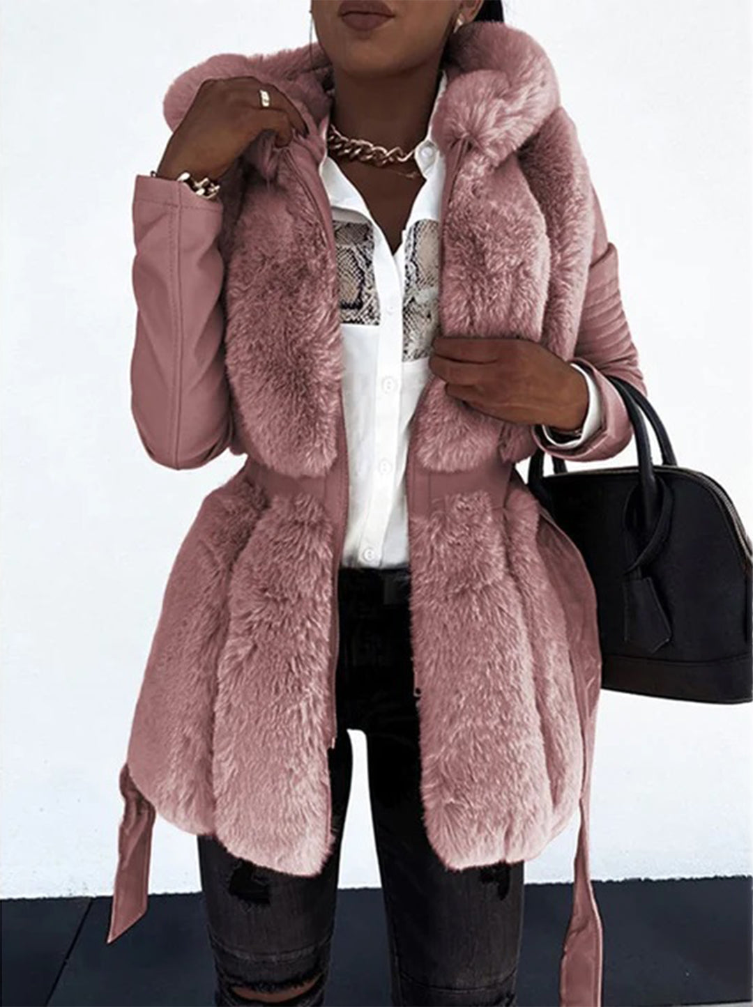 Stylish Faux Leather Jacket with Faux Fur Collar