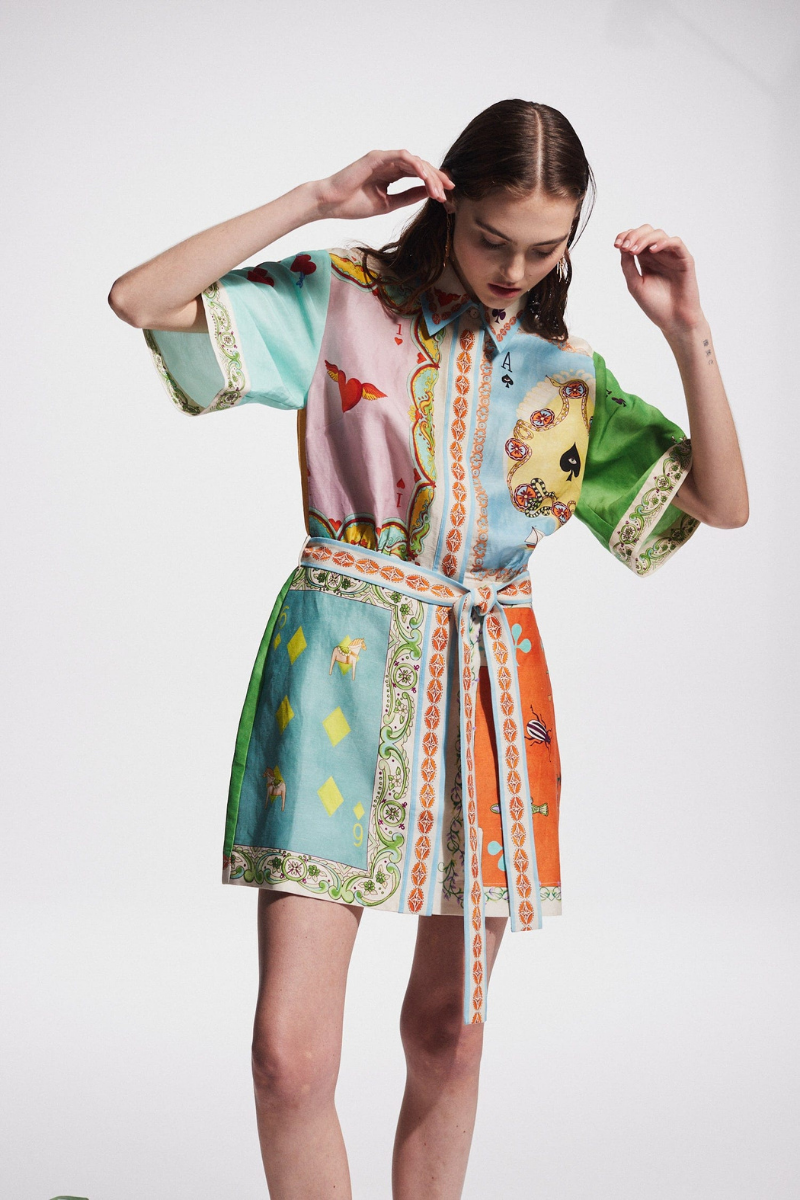 Prunelle Patchwork Poker Print Mini-Length Dress