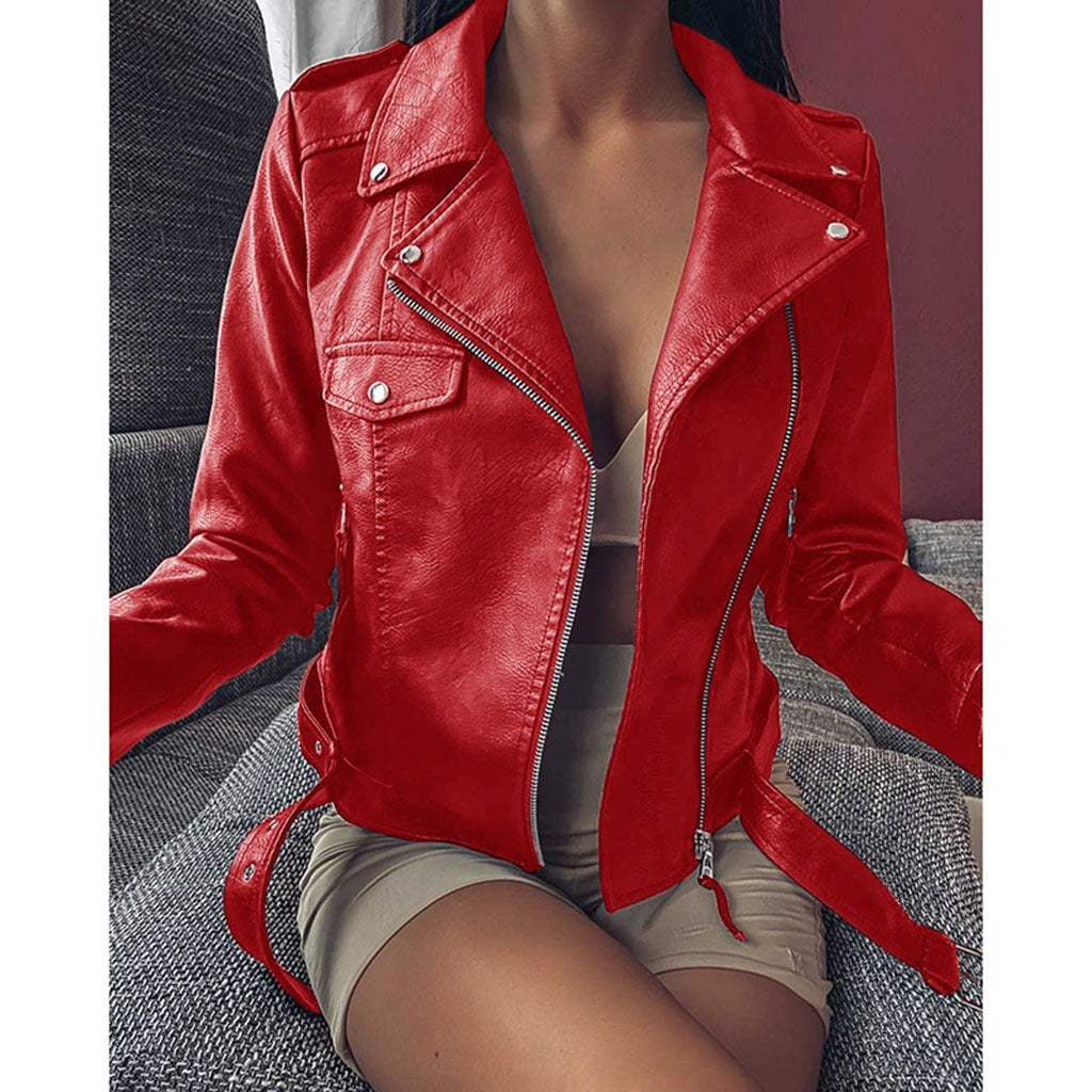 Black Leather Jacket with Zipper and Lapel Details