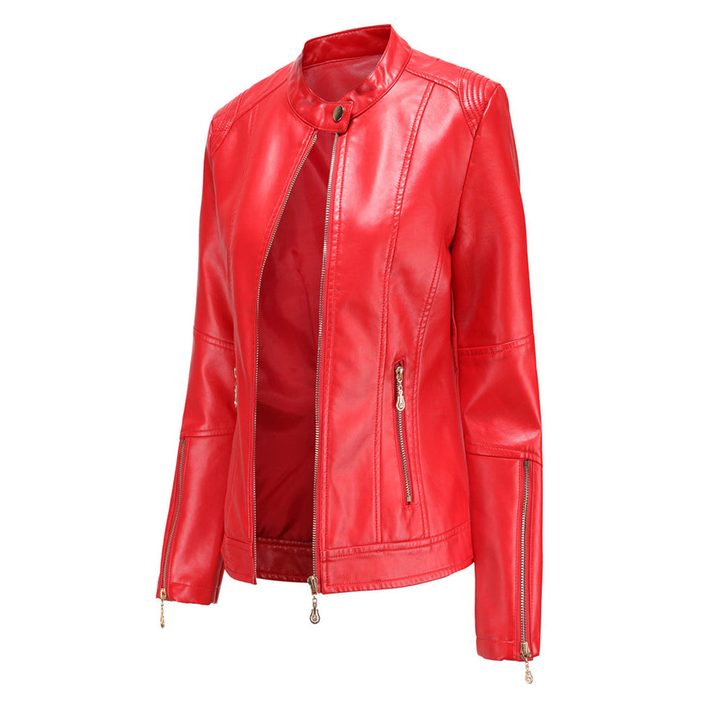 Elegant Leather Jacket with Crew Neck and Button Closure
