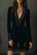 Retro Black Velvet Embroidered Lace Trim Mini-Length Dress