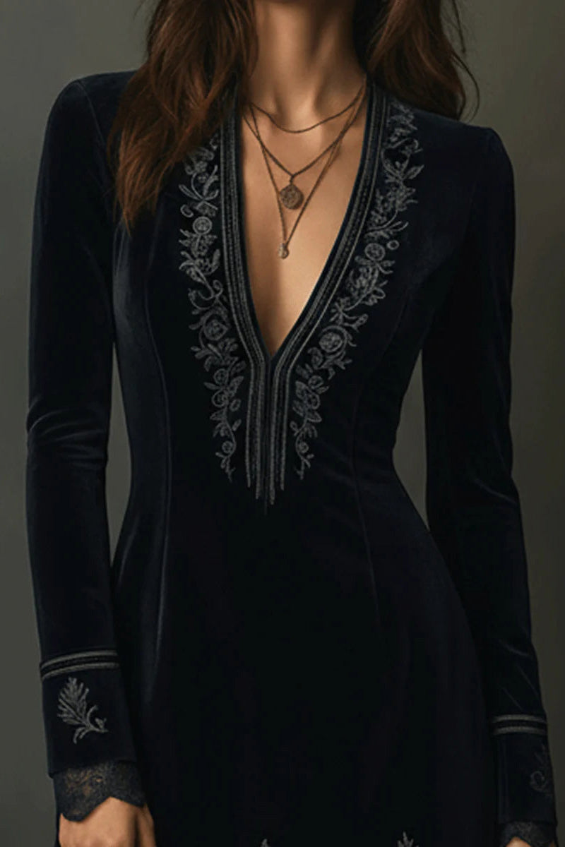 Retro Black Velvet Embroidered Lace Trim Mini-Length Dress