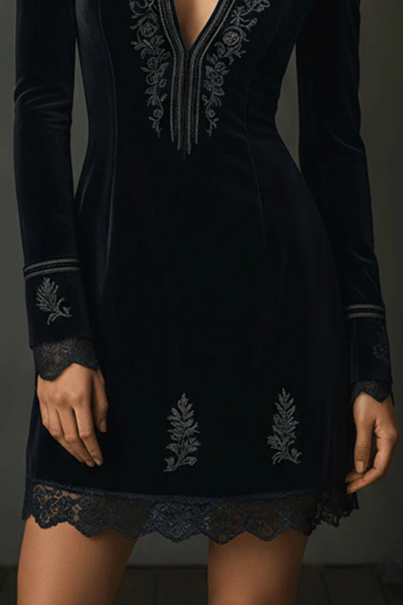 Retro Black Velvet Embroidered Lace Trim Mini-Length Dress