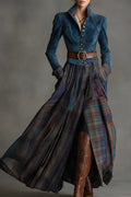 Retro Ethnic Style Blue Faux Suede Plaid Maxi-Length Dress(Includes belt)