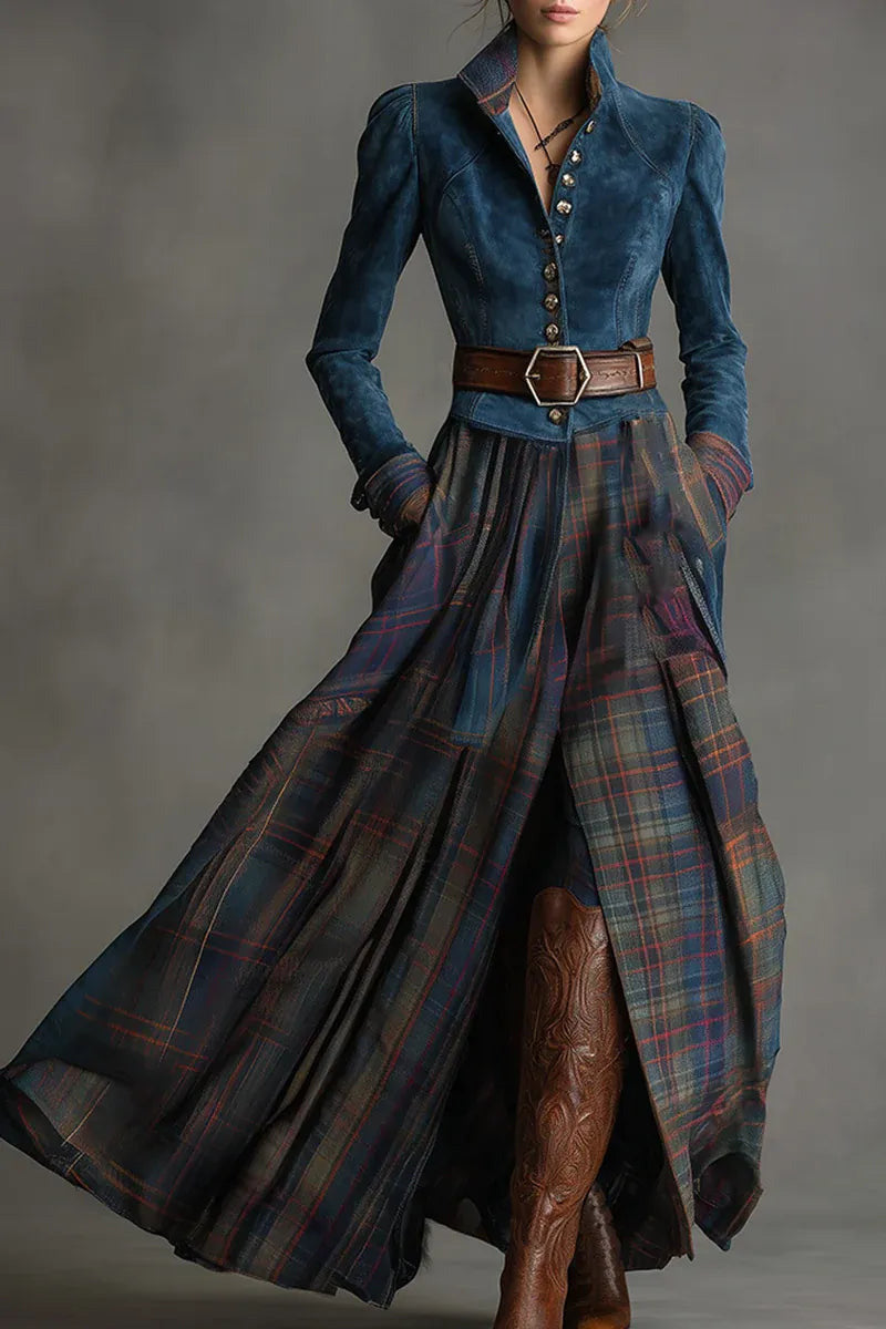 Retro Ethnic Style Blue Faux Suede Plaid Maxi-Length Dress(Includes belt)
