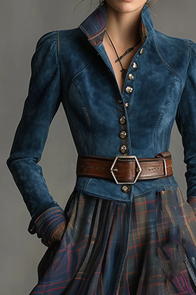 Retro Ethnic Style Blue Faux Suede Plaid Maxi-Length Dress(Includes belt)
