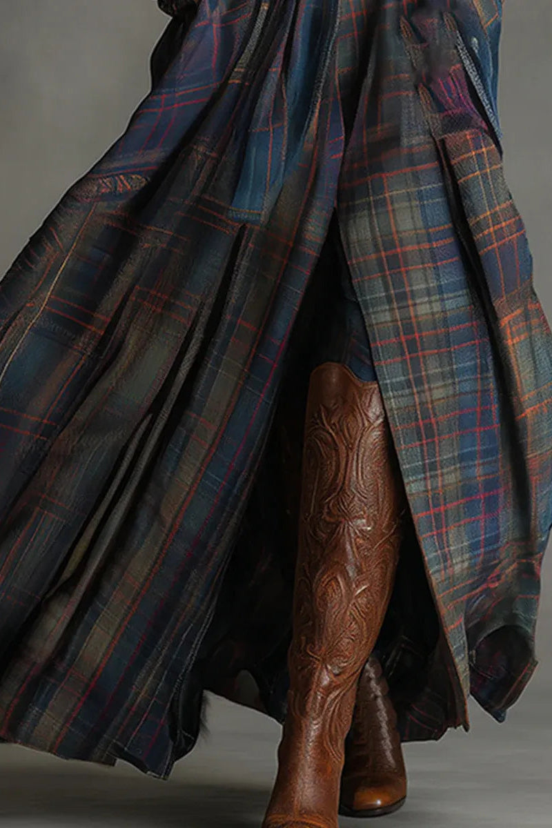 Retro Ethnic Style Blue Faux Suede Plaid Maxi-Length Dress(Includes belt)