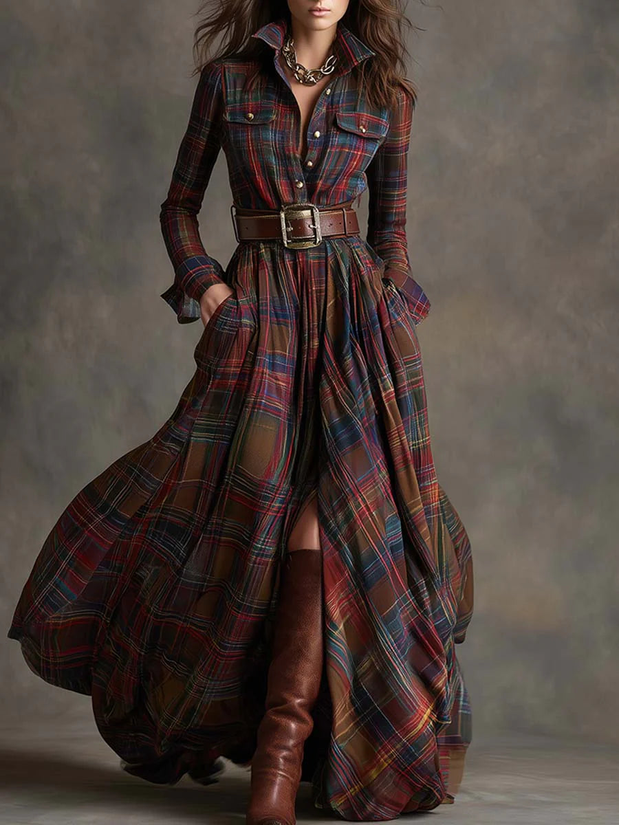 Retro lapel reddish brown plaid Maxi-Length Dress
