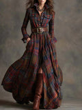 Retro lapel reddish brown plaid Maxi-Length Dress
