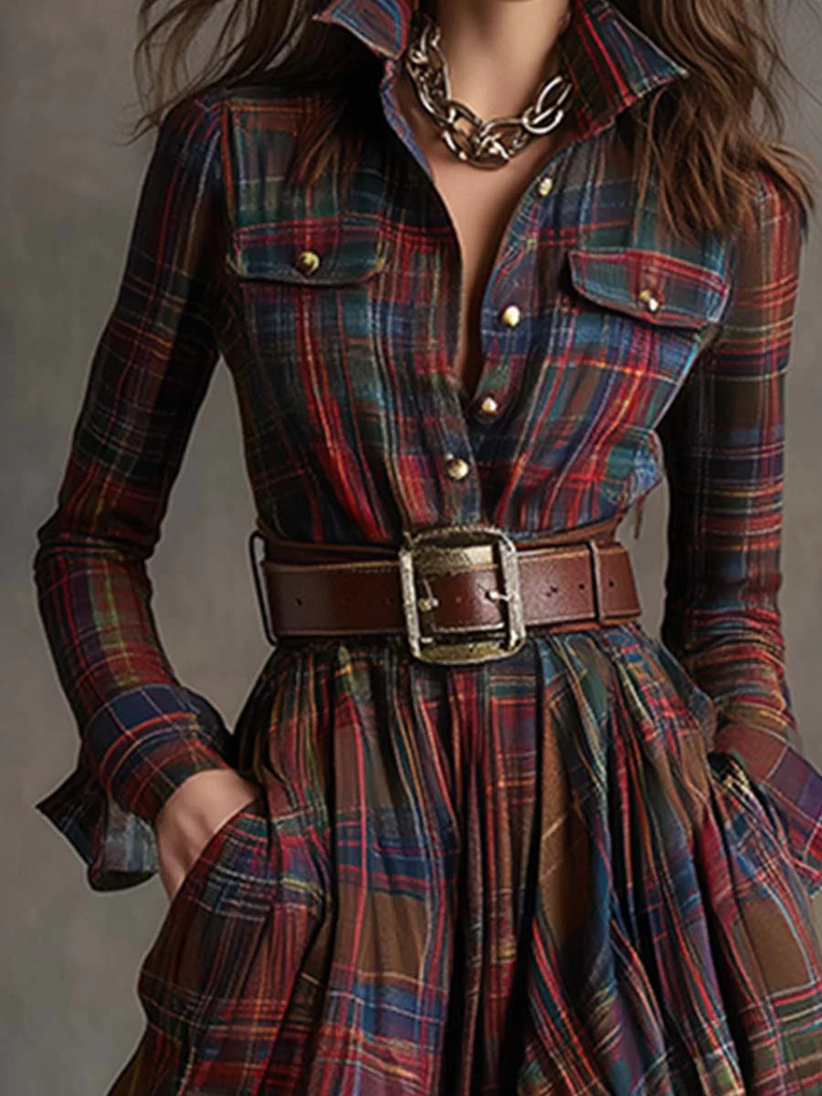 Retro lapel reddish brown plaid Maxi-Length Dress