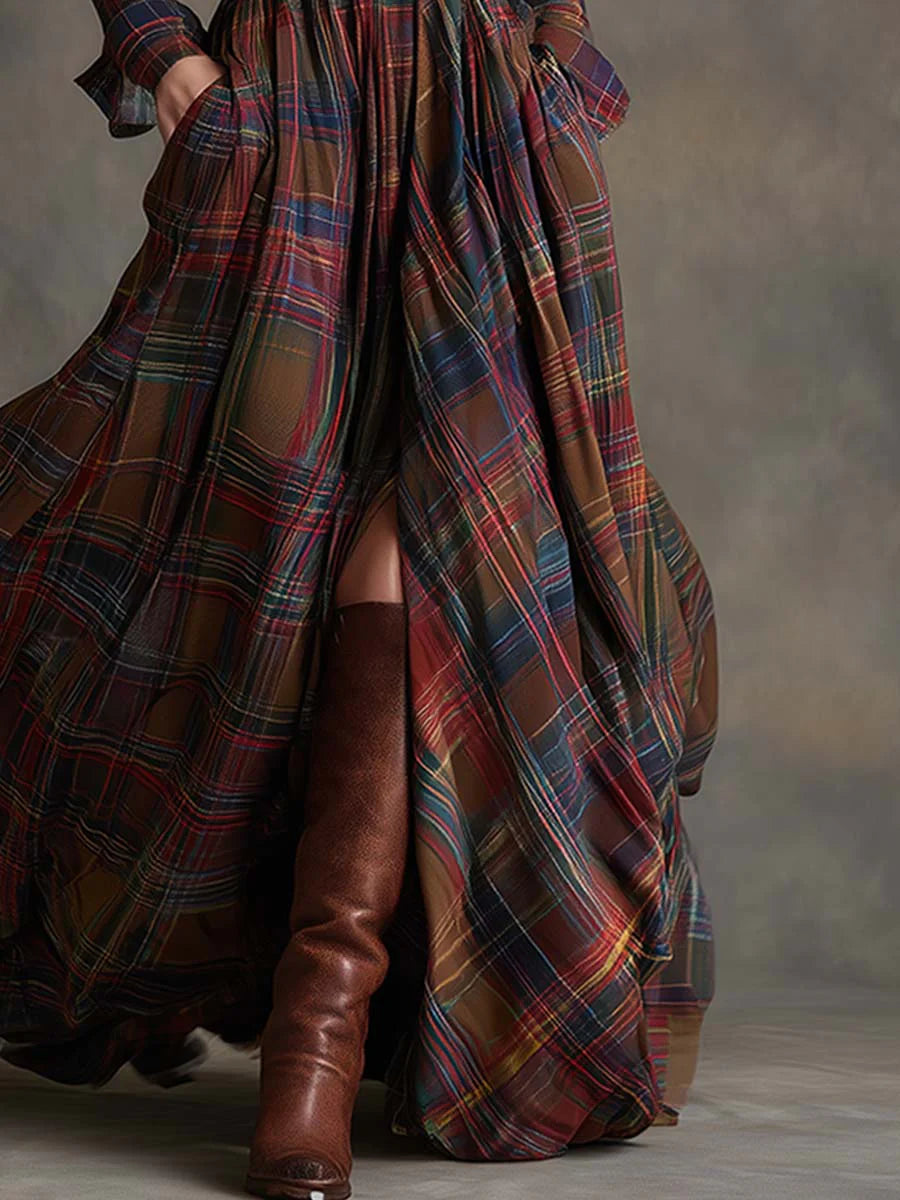 Retro lapel reddish brown plaid Maxi-Length Dress