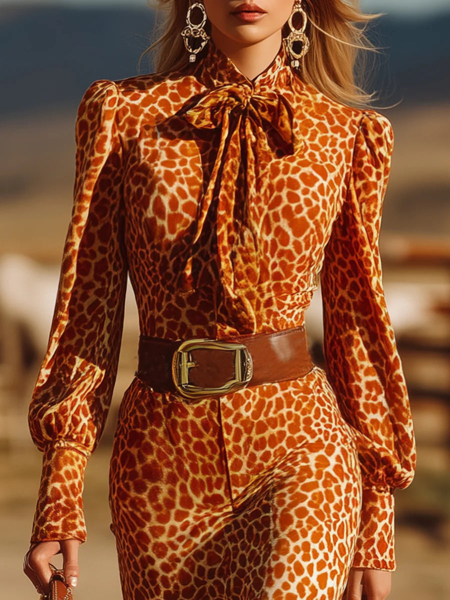Retro Ruffled Orange Leopard Velvet Maxi-Length Dress