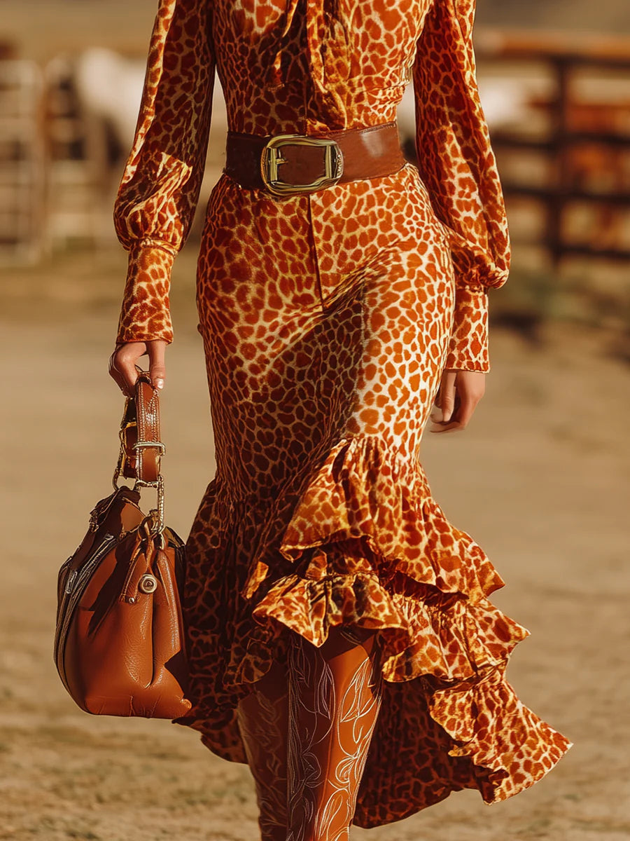 Retro Ruffled Orange Leopard Velvet Maxi-Length Dress