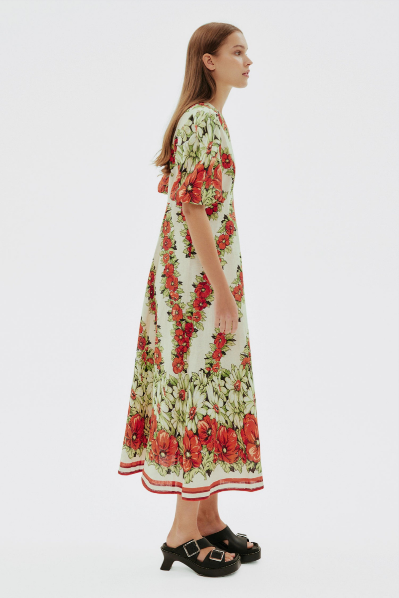Rosalinde Crew Neck Flower Maxi-Length Dress In Red