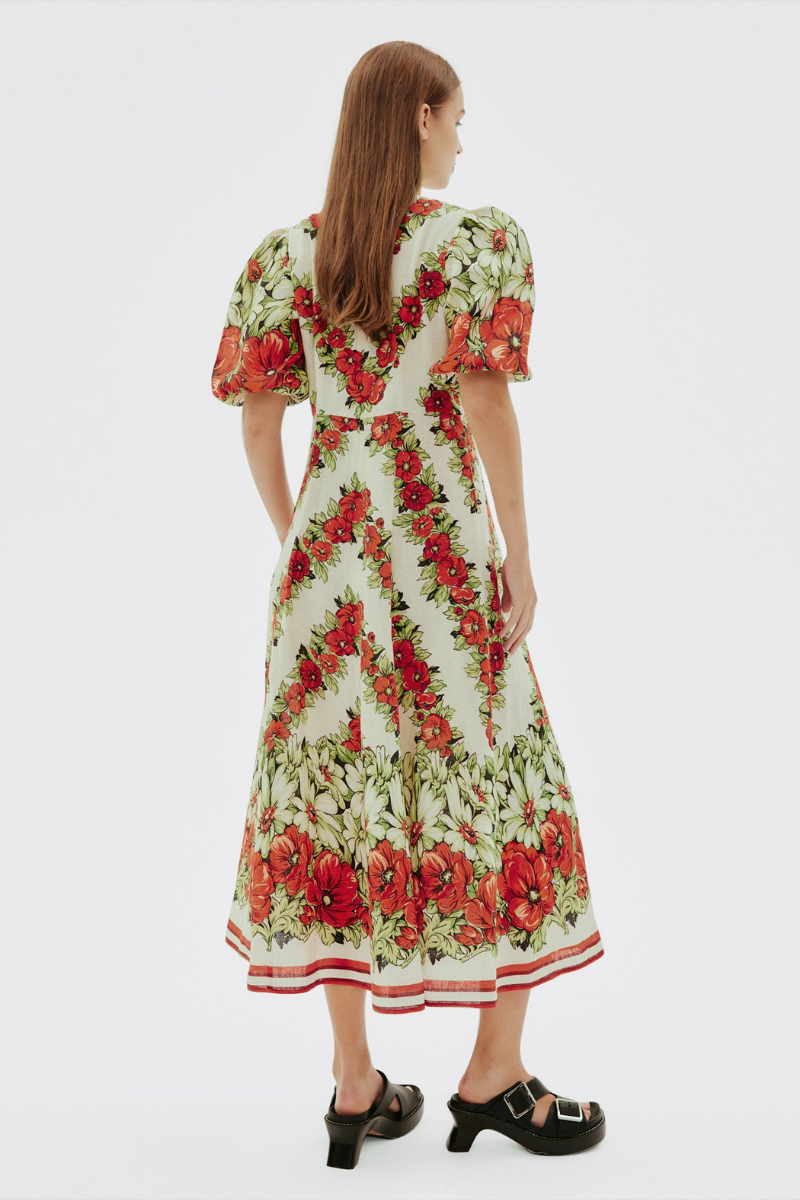 Rosalinde Crew Neck Flower Maxi-Length Dress In Red
