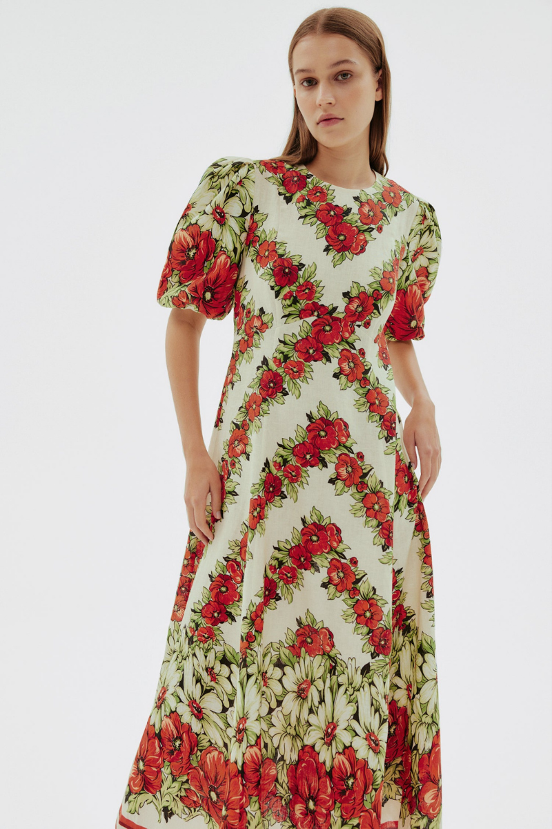 Rosalinde Crew Neck Flower Maxi-Length Dress In Red