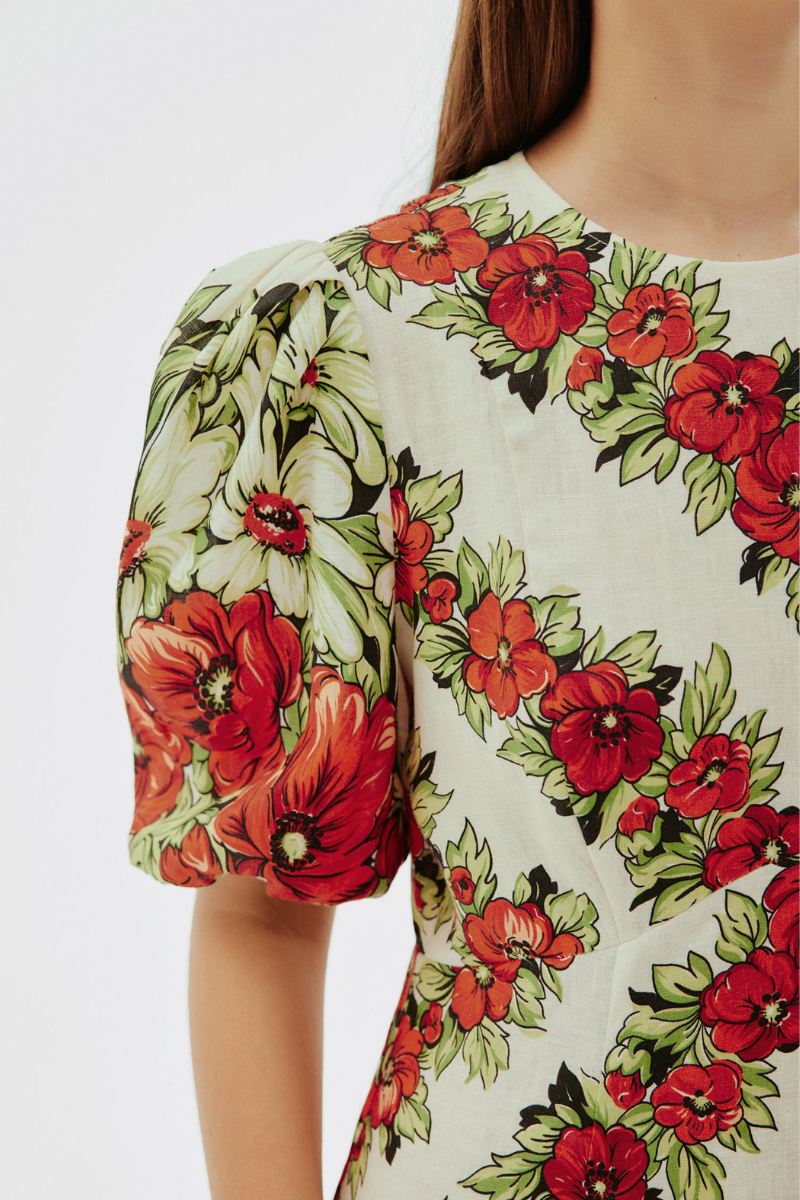 Rosalinde Crew Neck Flower Maxi-Length Dress In Red