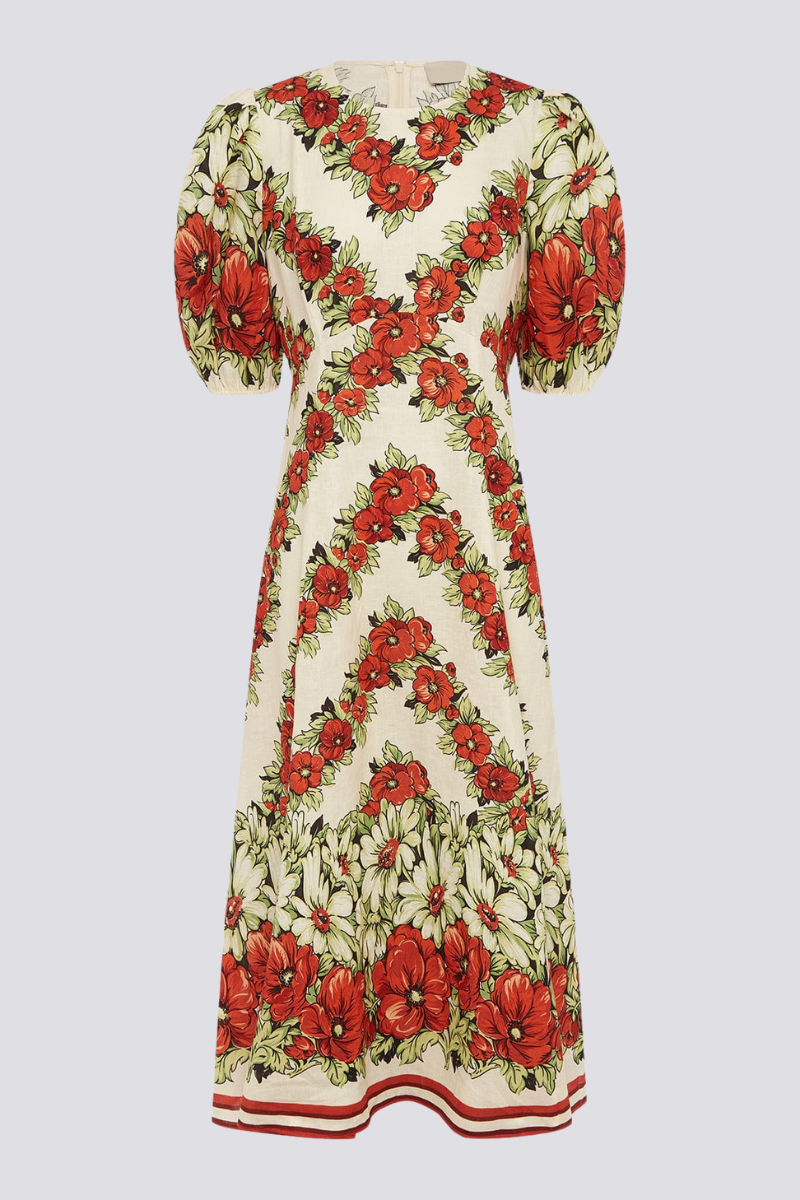 Rosalinde Crew Neck Flower Maxi-Length Dress In Red