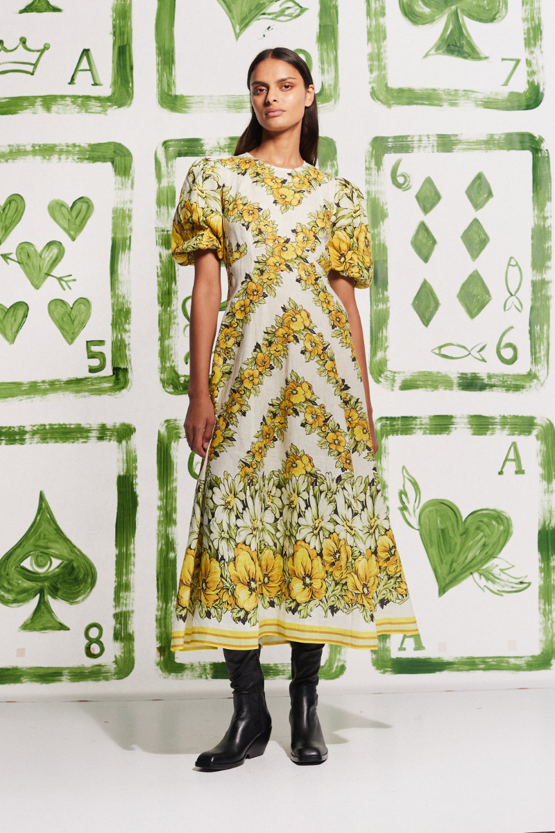 Rosalinde Crew Neck Flower Maxi-Length Dress In Yellow