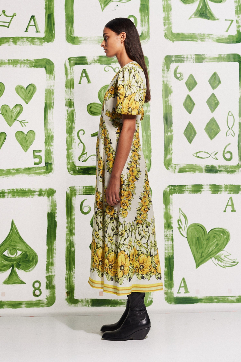 Rosalinde Crew Neck Flower Maxi-Length Dress In Yellow
