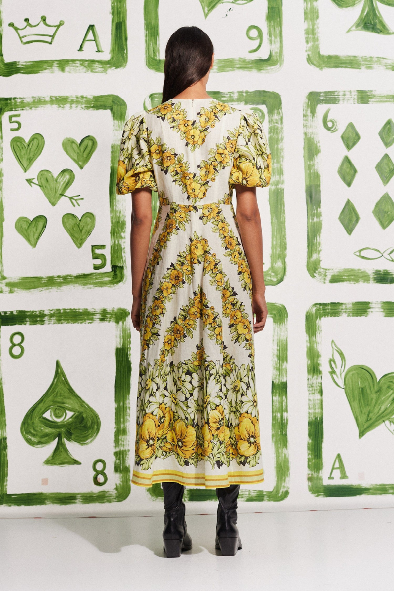 Rosalinde Crew Neck Flower Maxi-Length Dress In Yellow