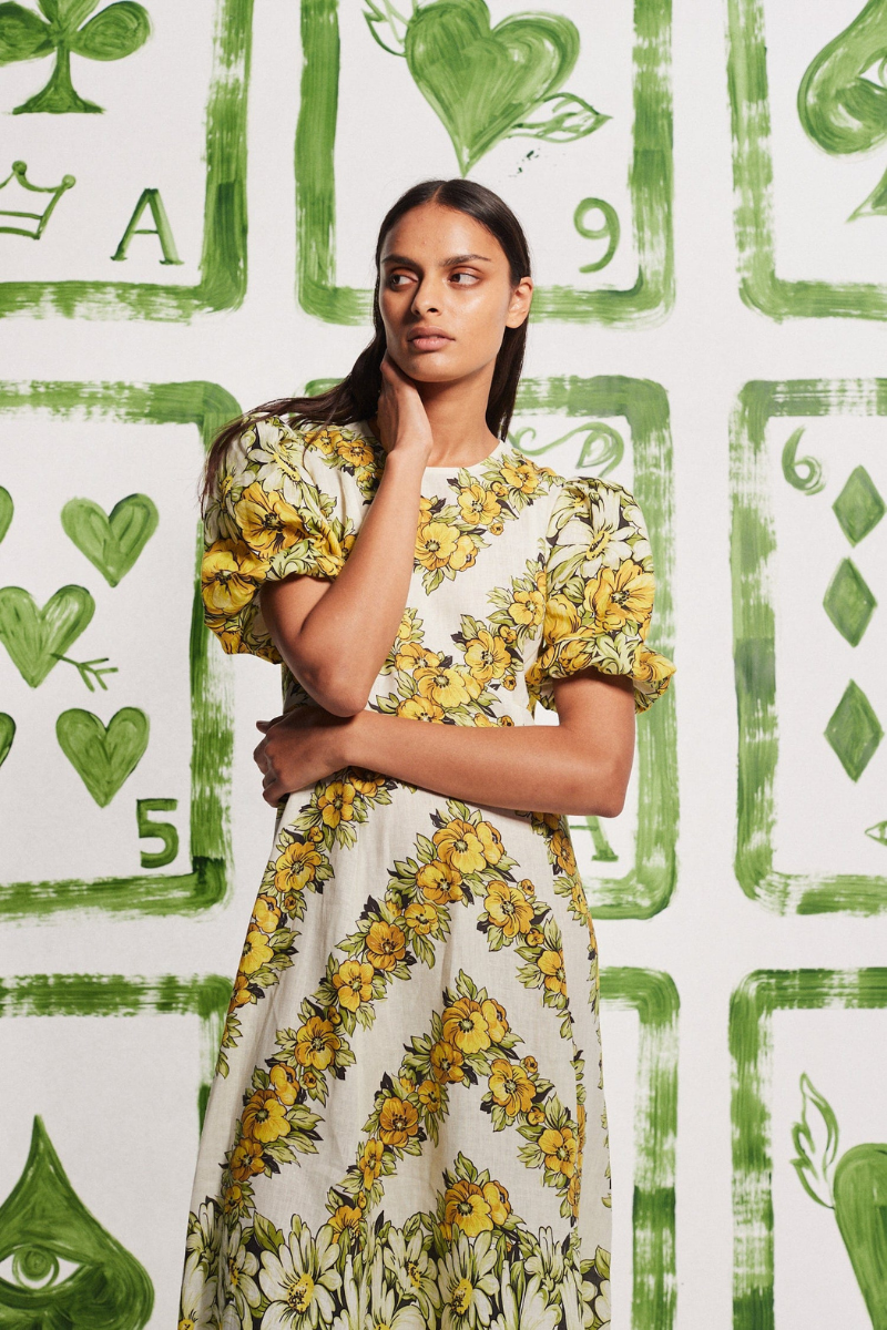 Rosalinde Crew Neck Flower Maxi-Length Dress In Yellow