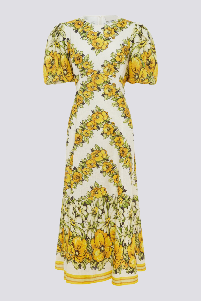 Rosalinde Crew Neck Flower Maxi-Length Dress In Yellow