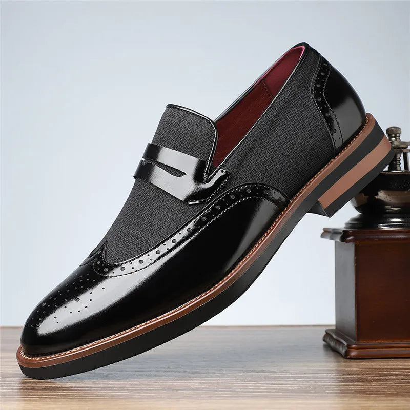 Polished Leather Loafers with Wingtip Brogue Detail