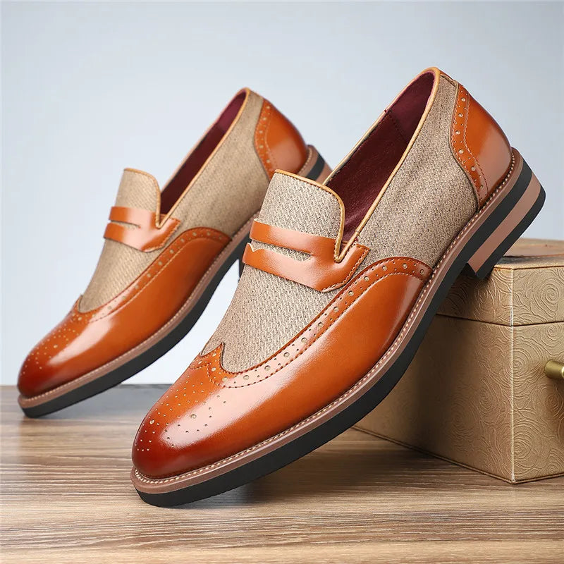 Polished Leather Loafers with Wingtip Brogue Detail