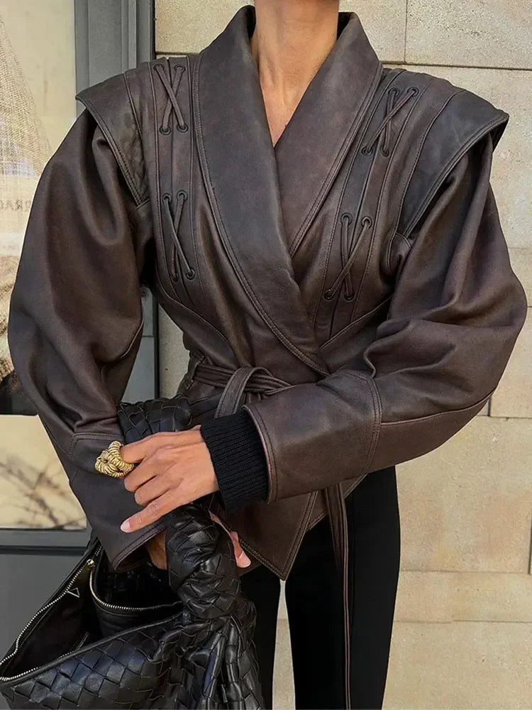 Leather Coat with Lace-Up