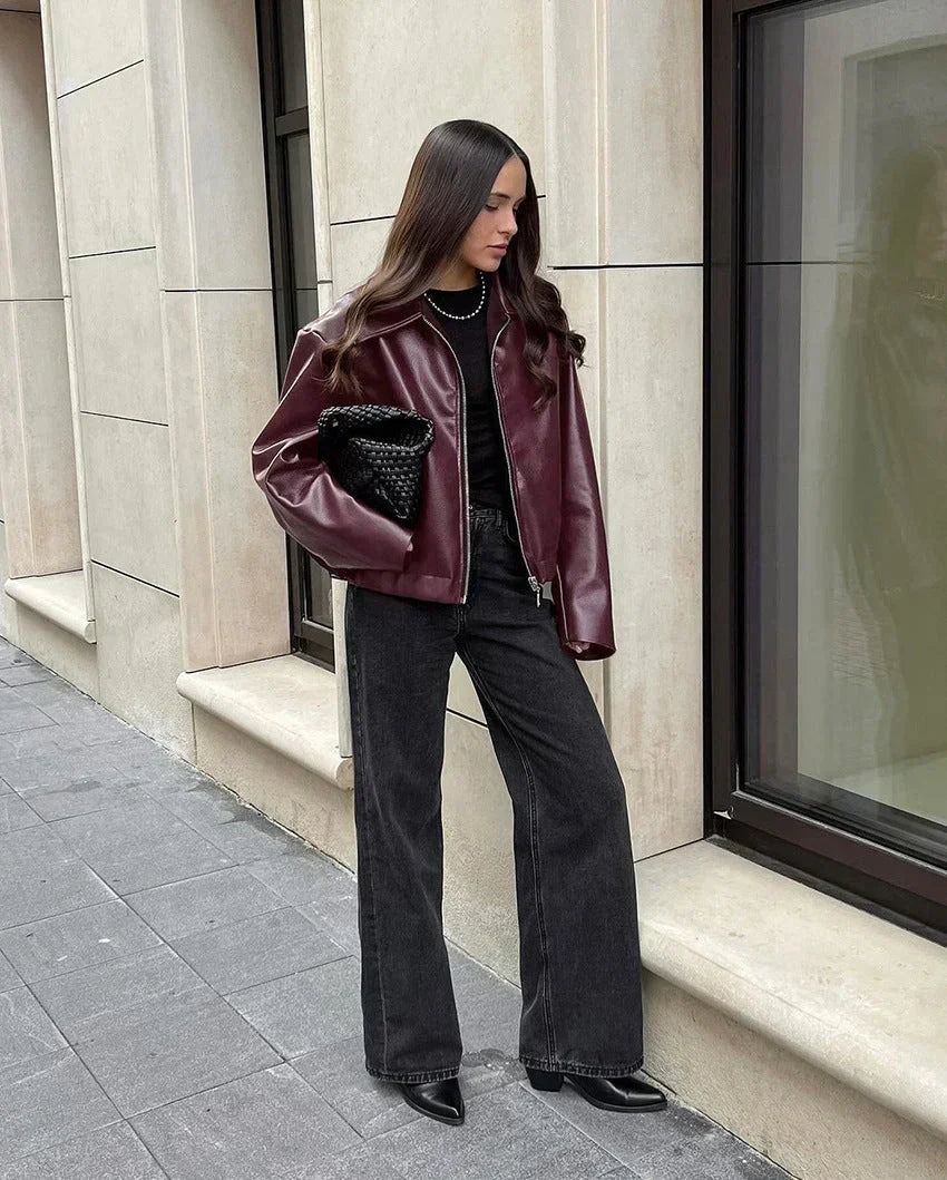 Red Vintage Leather Jacket with a Zipper