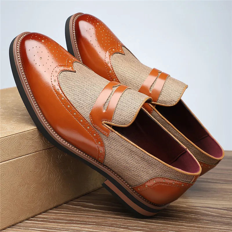 Polished Leather Loafers with Wingtip Brogue Detail