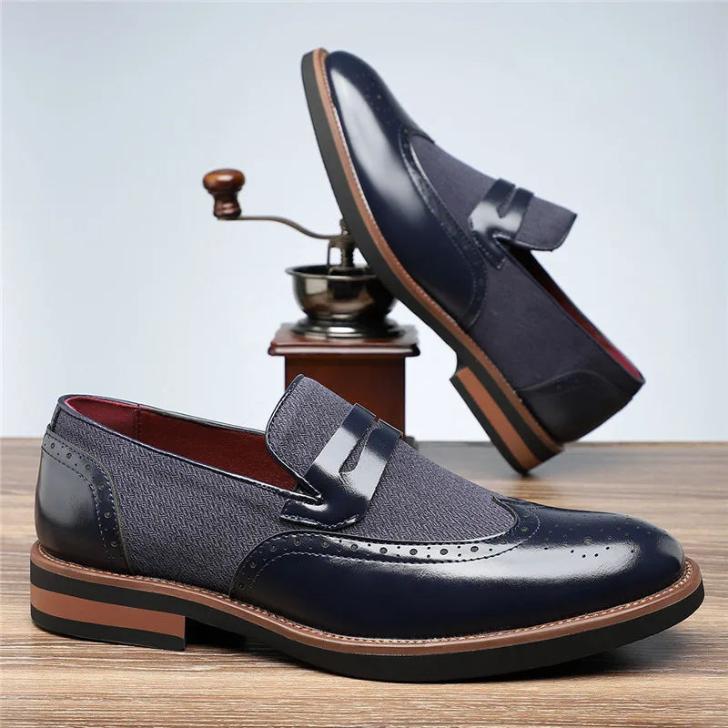 Polished Leather Loafers with Wingtip Brogue Detail