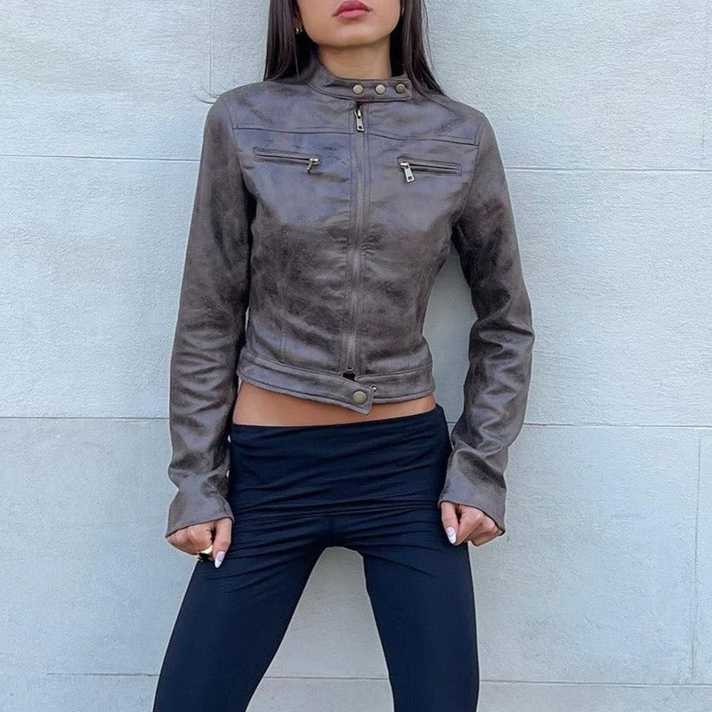 Vintage Faux Leather Jacket with Zip Pockets