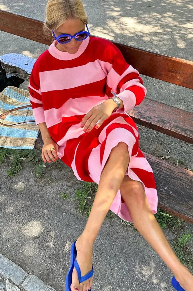 Relaxed Striped Midi-Length Dress
